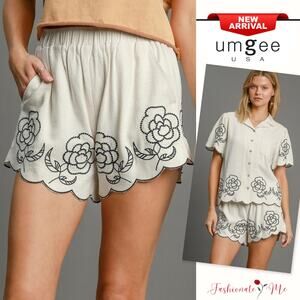 Umgee Linen Blend Floral Embroidered Elastic Waist Side Pockets Shorts | Oatmeal